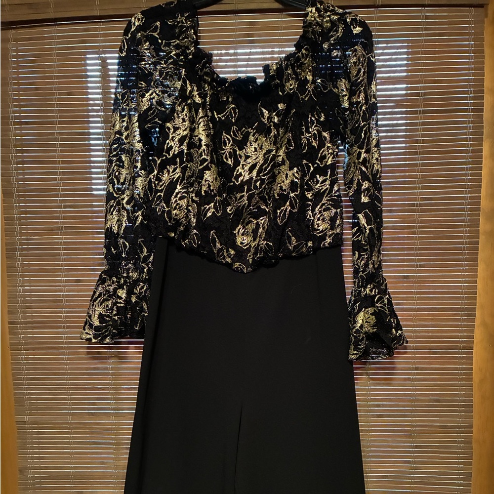 Adrianna Papell Black Wide-Leg Jumpsuit with Gold Metallic Floral Bodice